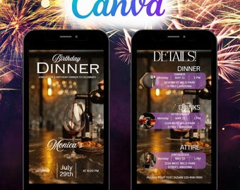 Animated Birthday Dinner Invitation – Canva Editable Digital Evite Template, Editable Birthday Party Invite