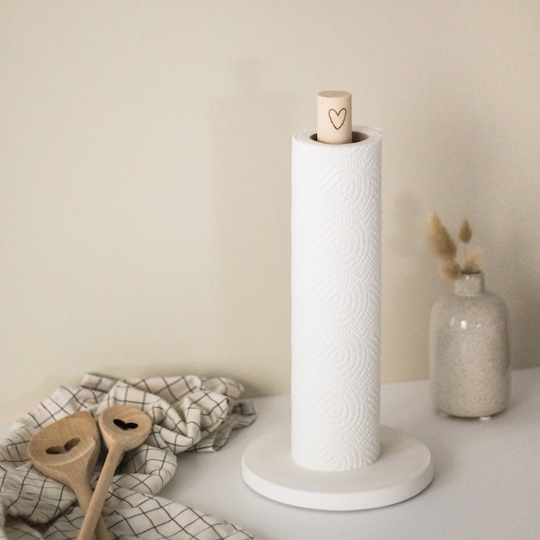 Küchenrollenständer in weiß mit Holzstab, stehend, für Küchenrollen und Klorollen - minimalistisches skandinavisches Design – handgefertigt