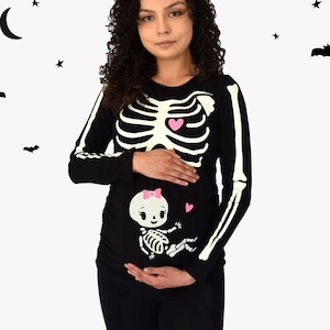 Pregnant Halloween Skeleton Costume Maternity Baby Girl Halloween Shirt Glow in the Dark Print on Front and Back Women&#39;s