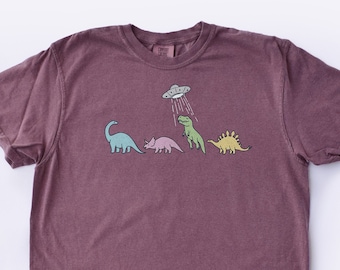 Cute Dinosaur Shirt Dino Tshirt Abduction UFO Alien Funny Tee Women's T Shirt T-rex Stegosaurus Triceratops Brontosaurus Comfort Colors
