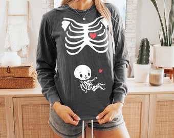 Pregnant Halloween Skeleton Shirt Tshirt Tee Costume Maternity Baby Halloween Shirt Women's Shirt Comfort Colors