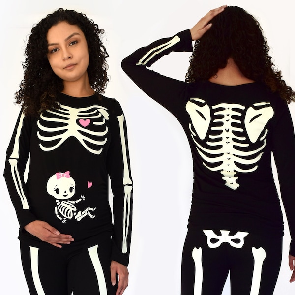 Pregnant Halloween Skeleton Costume Maternity Baby Girl Halloween Shirt and Leggings Glow in the Dark Print on Front and Back Women's