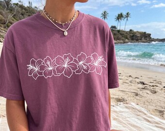 Camiseta de flor de hibisco, camiseta Aloha Hawaii, camisetas de colores cómodos, camiseta extragrande, camiseta de playa, camiseta de verano, camiseta de vacaciones