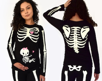 Pregnant Halloween Skeleton Costume Maternity Baby Girl Halloween Shirt and Leggings Glow in the Dark Print on Front and Back Women's