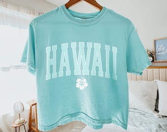Hawaii Cropped Boxy Shirt Home State Tee Comfort Colors Women's Tshirts Oversized T-shirt Beach T Shirt Summer Honolulu Hibiscus Flower