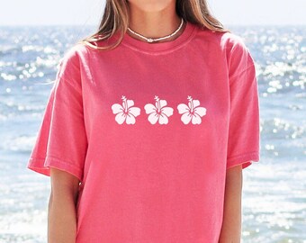 Camiseta de flor de hibisco, camiseta de flores, camiseta Aloha Hawaii, camisetas de colores cómodos para mujer, camiseta extragrande, camiseta de playa, camiseta de verano