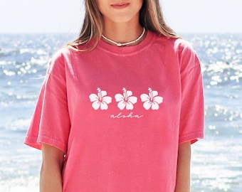 Camiseta de flor de hibisco, camisa de flores, camiseta hawaiana de Aloha, camisetas de colores cómodos para mujer, camiseta de gran tamaño, camiseta de playa, camiseta de verano