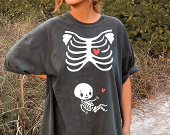 Pregnant Halloween Skeleton Shirt Tshirt Tee Costume Maternity Baby Halloween Shirt Women's Shirt Comfort Colors