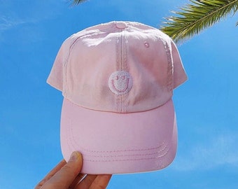 Boné Smiley Face Bordado, Boné de Algodão Estilo Pai, Boné de Beisebol, Boné para Férias de Verão na Praia, Tingido com Pigmento