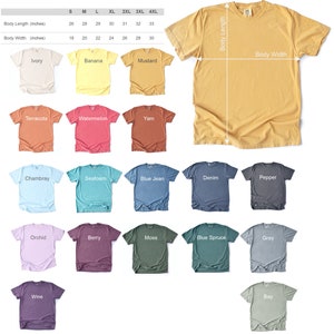 May include: Unisex t-shirt size chart with 14 different color options. The chart shows the body length and width measurements in inches for sizes S through 4XL.