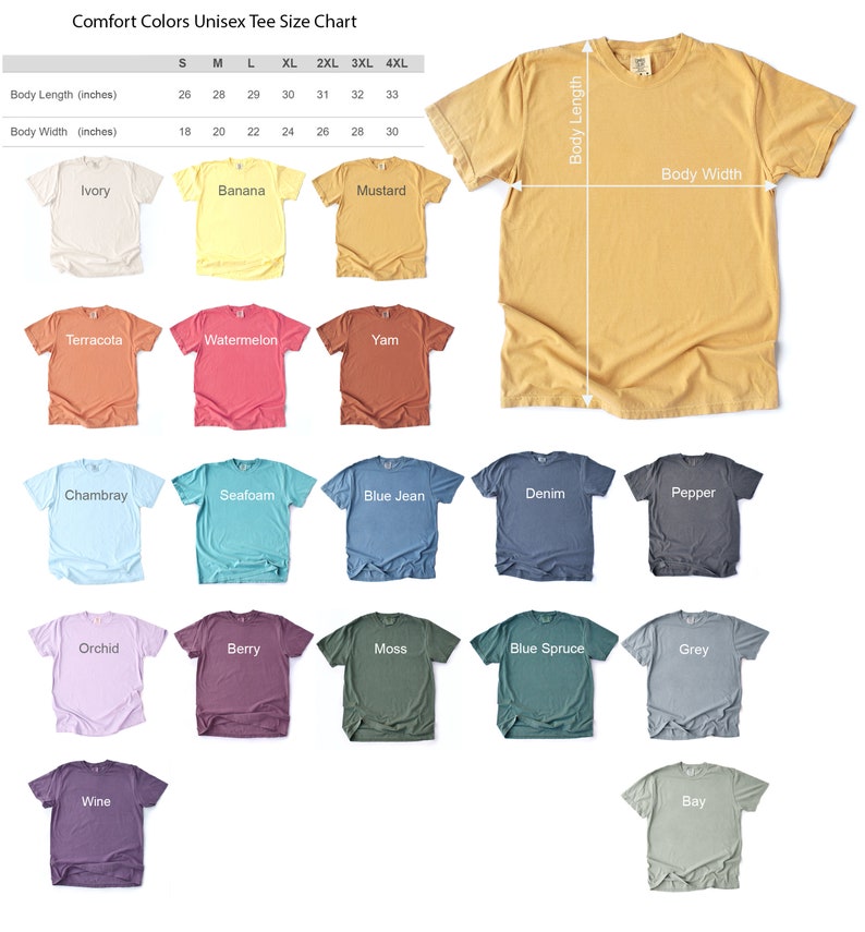 May include: Unisex t-shirt size chart with 14 different color options. The chart shows the body length and width measurements in inches for sizes S through 4XL.