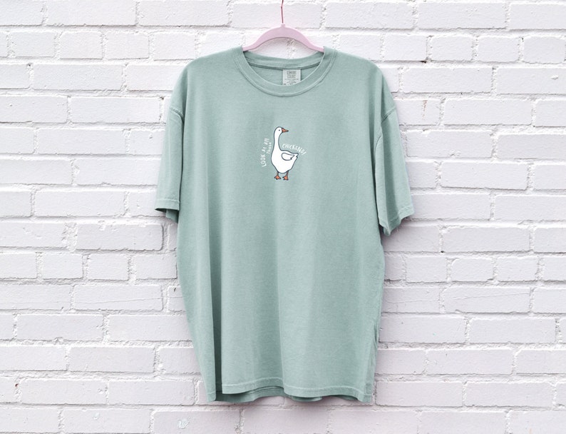 May include: A light green t-shirt with a white goose graphic and the text "Look at all that quacking".