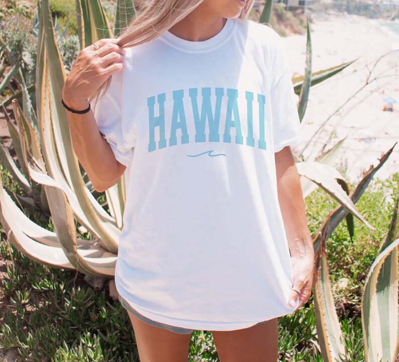 May include: White t-shirt with a light blue "HAWAII" graphic and a small wave design underneath.