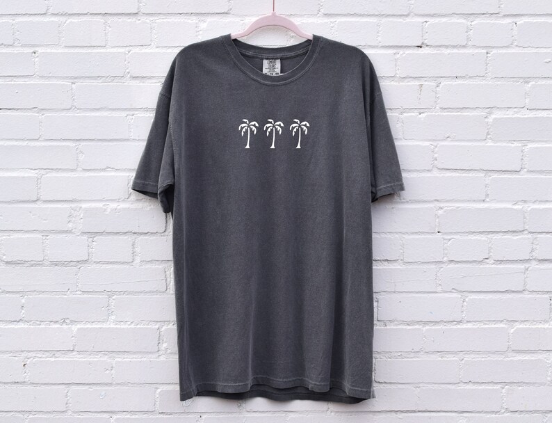 Puede incluir: Una camiseta gris antracita con un gr&aacute;fico de palmera blanca en la parte delantera. La camiseta tiene cuello redondo y mangas cortas.