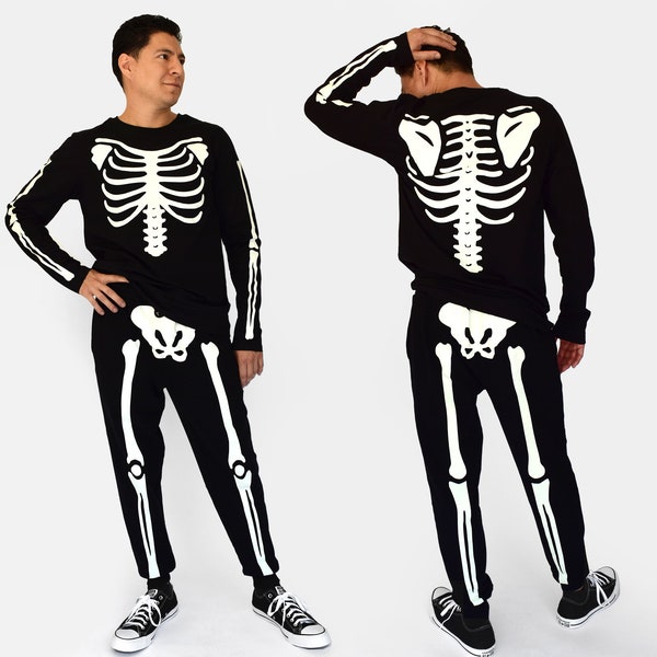 Halloween Skeleton Costume Shirt and Joggers Sweat Pants Sweatpants Glow in the Dark Print on Front and Back Men's Mens