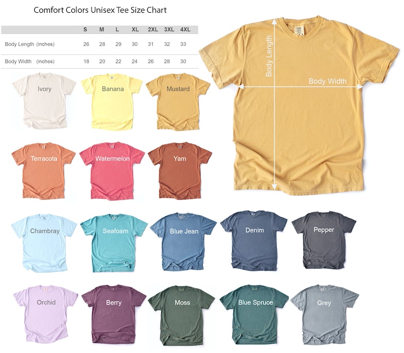 May include: A size chart for unisex t-shirts in various colors, including ivory, banana, mustard, terracota, watermelon, yam, chambray, seafoam, blue jean, denim, pepper, orchid, berry, moss, blue spruce, and grey. The chart shows the body length and width in inches for sizes S, M, L, XL, 2XL, 3XL, and 4XL.