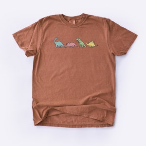 May include: A brown t-shirt with a graphic of four dinosaurs in a line. The dinosaurs are green, pink, green, and yellow.