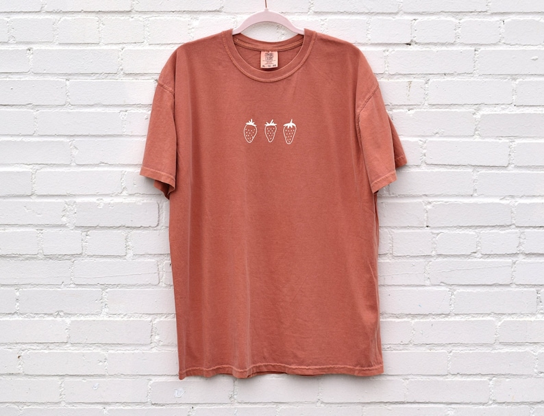 Op de afbeelding: Een terracottakleurig T-shirt met een wit geborduurd ontwerp van vier aardbeien.