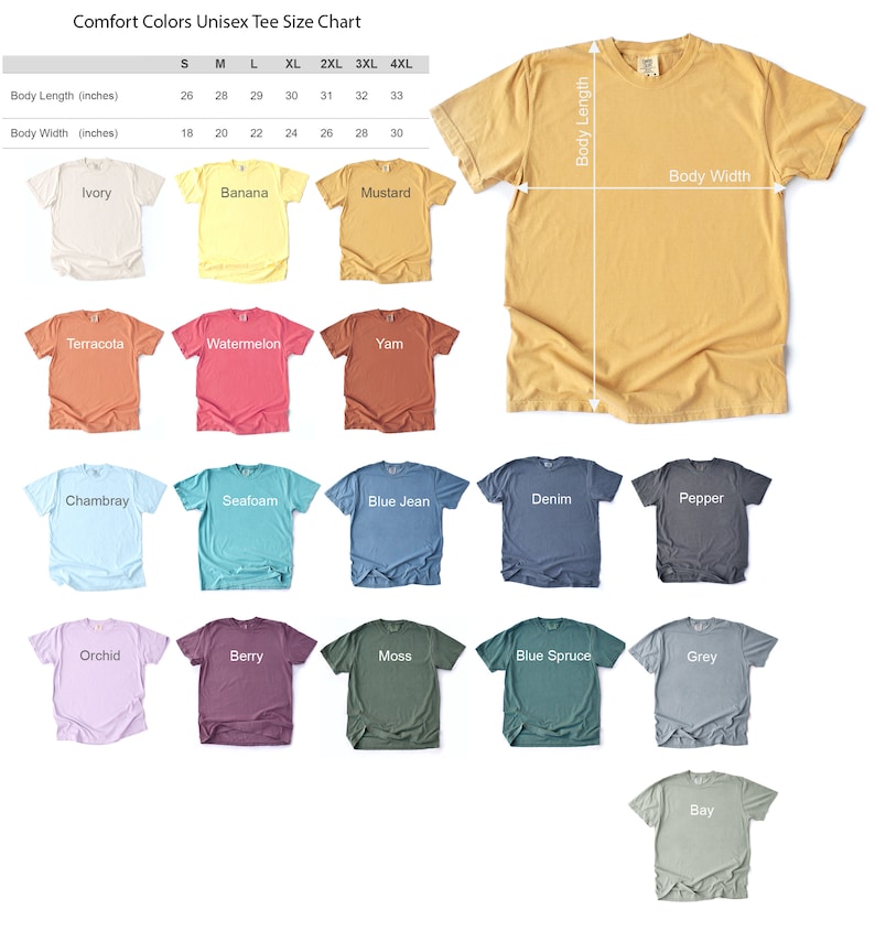 Op de afbeelding: Een maattabel voor unisex T-shirts in verschillende kleuren, waaronder ivoor, banaan, mosterd, terracotta, watermeloen, yam, chambray, zeeschuim, spijkerblauw, denim, peper, orchidee, bes, mos, blauwspar, grijs en baai. De tabel toont de lichaamslengte en -breedte in inches voor maten S tot en met 4XL.