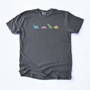 May include: A dark gray t-shirt with a line of colorful dinosaurs printed on the front. The dinosaurs are a blue brachiosaurus, a pink triceratops, a green T-Rex, and a yellow stegosaurus.
