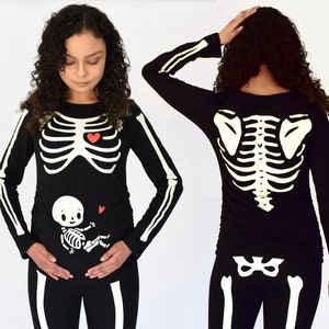 Pregnant Halloween Skeleton Costume Maternity Baby Halloween Shirt and Leggings Glow in the Dark Print on Front and Back Women&#39;s
