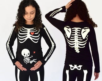 Pregnant Halloween Skeleton Costume Maternity Baby Halloween Shirt and Leggings Glow in the Dark Print on Front and Back Women's