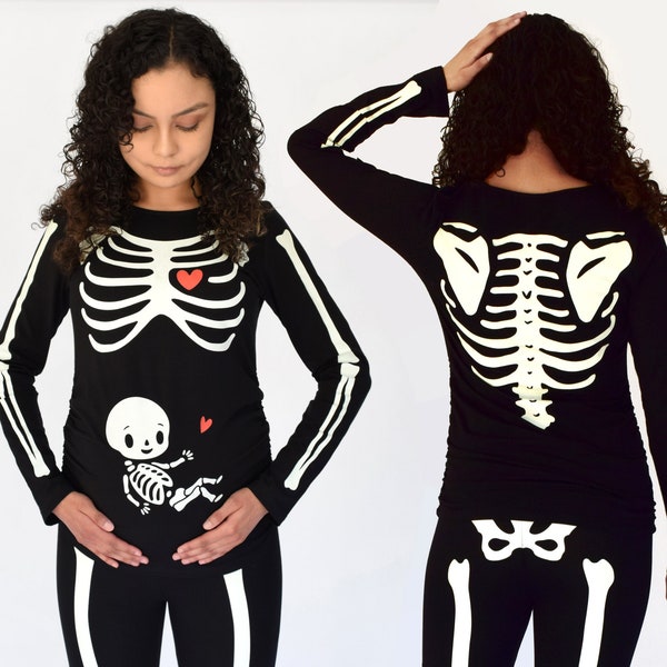 Schwangeres Halloween Skelett Kostüm Mutterschaft Baby Halloween Shirt und Leggings Glow in the Dark Print auf Vorder- und Rückseite Damen