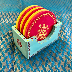 Kolam designed wood coasters with holder/ Indian art / Indian Gift / diya base/ return gifts / decoration