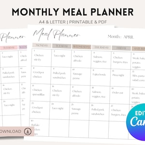 May include: A printable monthly meal planner with a light brown background and a light blue grid. The planner is divided into seven columns for each day of the week, with a space for each day's meal. The planner includes the month of April and the text "Edit in Canva".