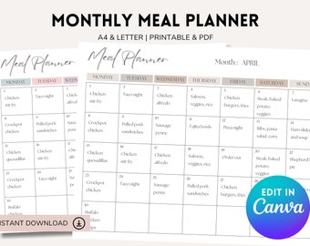 May include: A printable monthly meal planner with a light brown background and a light blue grid. The planner is divided into seven columns for each day of the week, with a space for each day's meal. The planner includes the month of April and the text "Edit in Canva".