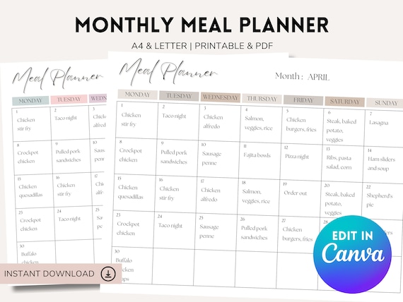 Monthly Meal Planner Printable, Food Diary, Grocery List (US Letter, A4, Canva Template)
