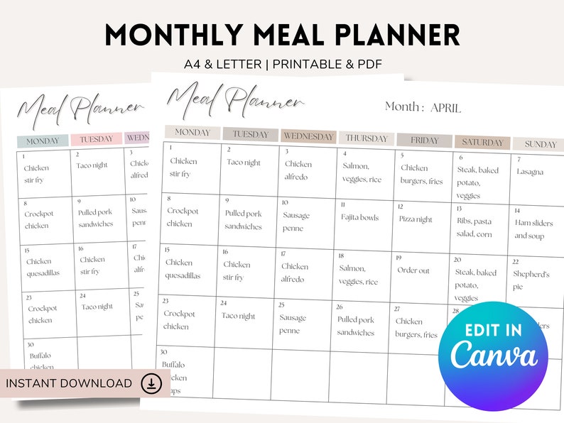Puede incluir: Un planificador de comidas mensual imprimible con un fondo marr&oacute;n claro y una cuadr&iacute;cula azul claro. El planificador est&aacute; dividido en siete columnas para cada d&iacute;a de la semana, con un espacio para la comida de cada d&iacute;a. El planificador incluye el mes de abril y el texto "Editar en Canva".