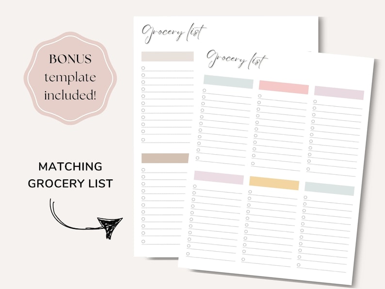 meal planner, grocery list, meal plan, meal tracker, shopping list, monthly meal planner, food journal, meal planner pdf, meal prep, food diary, weekly meal planner, printable, kitchen inventory, minimalist planner, canva template