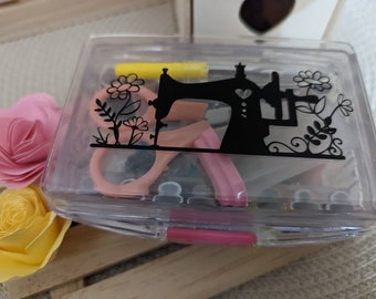 Sewing Kit with a Cute Decorated Acrylic Box Multicolor Thread, Needles, Scissors, Thimble & Clips   Emergency Repair and Travel Kits