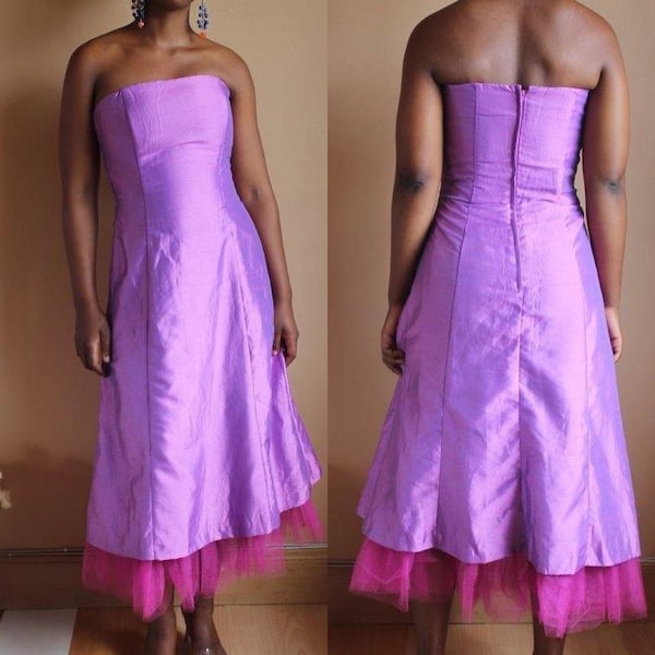 Vintage 1990s strapless magenta taffeta dress with a lace under skirt.