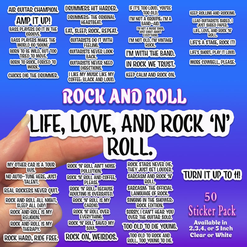 Rock and Roll 50 Sticker Pack Decal for Tumbler, Laptop, Water-bottle ...