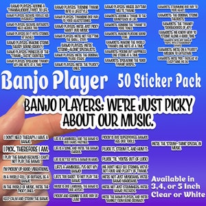 Banjo Player 50 Sticker Pack Decal for Tumbler, Laptop, Water-bottle, Hydro Flask Sticker, Car, Mirror, Window