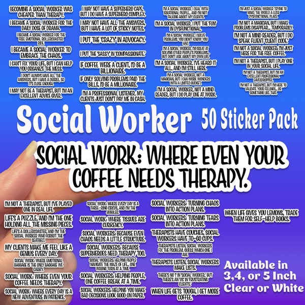 Social Worker 50 Sticker Pack Decal for Tumbler, Laptop, Water-bottle, Hydro Flask Sticker, Car, Mirror, Window