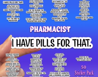 May include: A sticker pack of 50 colorful stickers featuring humorous sayings about pharmacists and pharmacy. The stickers are available in 2, 3, 4, or 5 inch sizes and are available in clear or white.