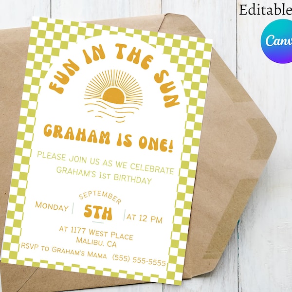 Fun in the Sun invitation, 1 year old invitation, Sun one year old invitation, gender neutral first birthday invitation, First birthday