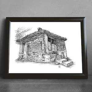 Afdrukbare pen en inkt tekening, architectuur illustratie, zwart-wit kunstwerk, handgetekende kunst aan de muur print, traditionele huis schets