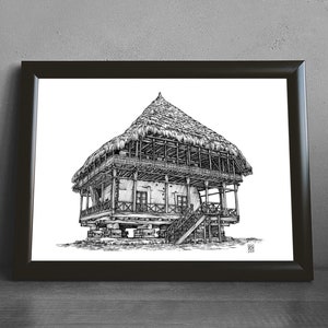 Dibujo imprimible a pluma y tinta, Ilustración de arquitectura, Obra de arte en blanco y negro, Impresión de arte de pared dibujada a mano, Boceto de casa tradicional