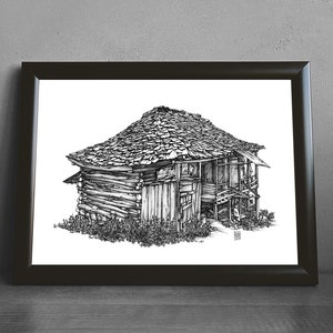 Printable Pen and Ink Drawing, Architecture Illustration, Black and White Artwork, Hand Drawn Wall Art Print, Traditional House Sketch
