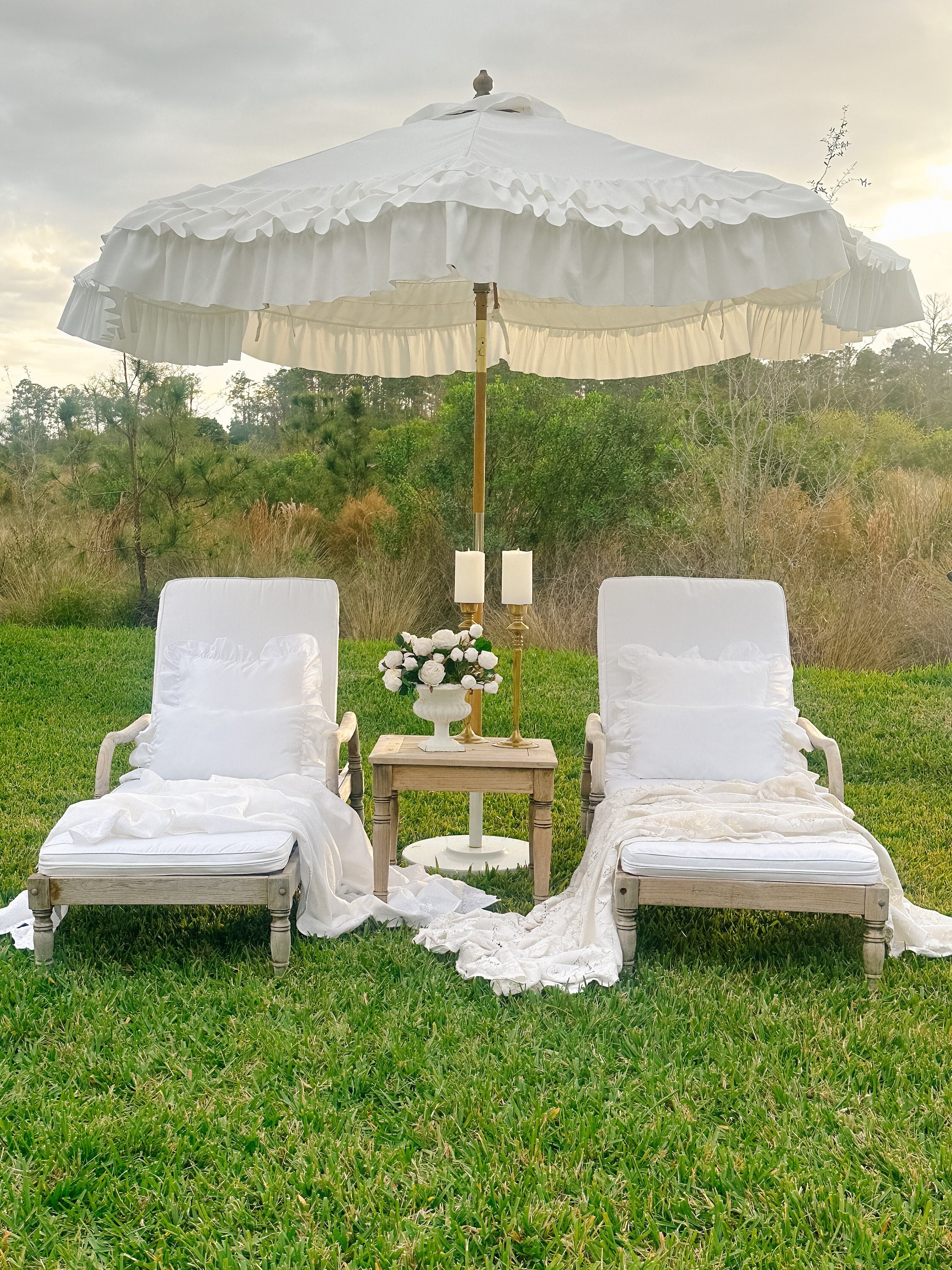 Pure White Outdoor Ruffled Patio Umbrella Cover French Country