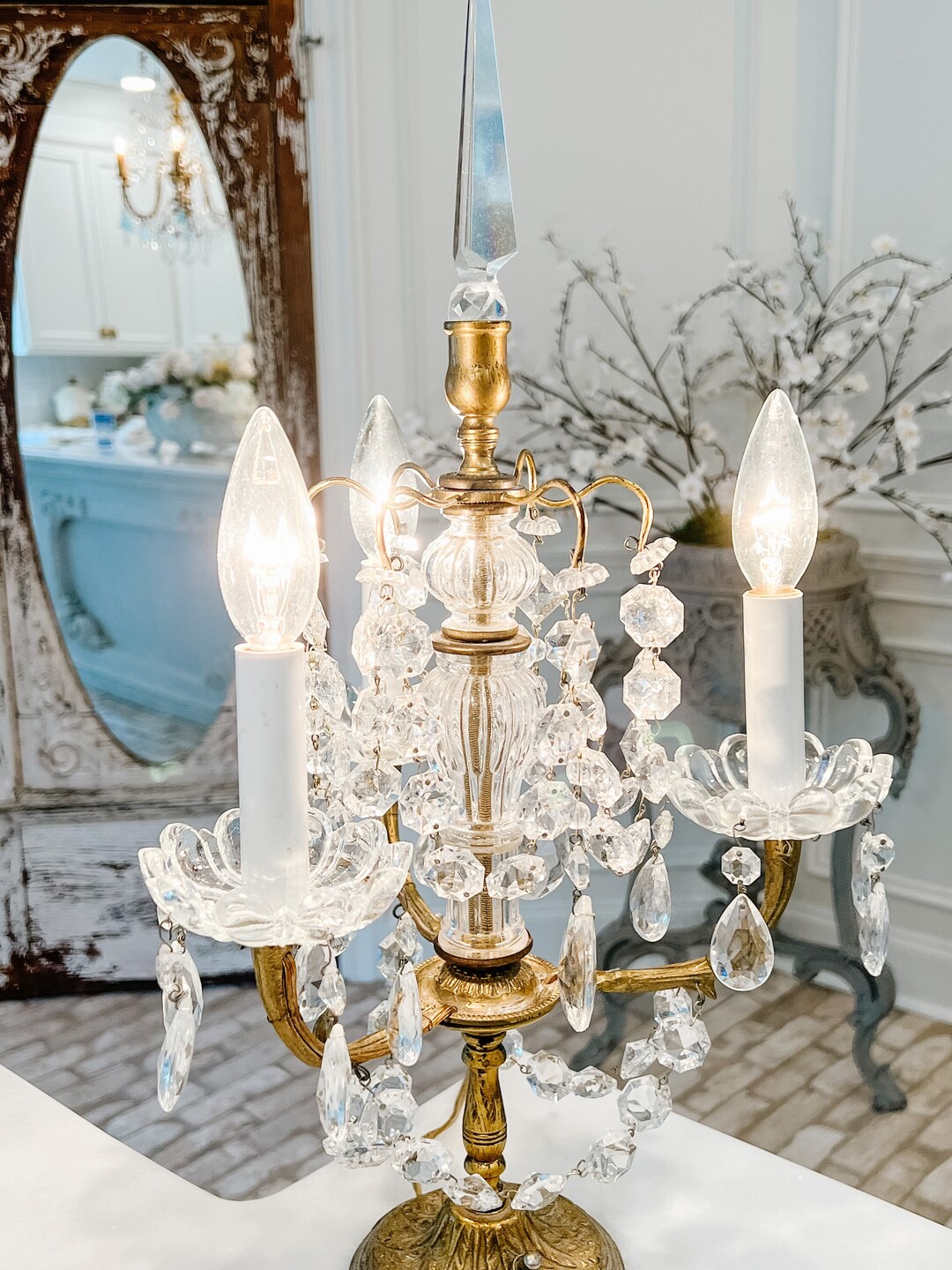 Stunning Vintage French Brass Crystal Prism Candelabra With Etsy