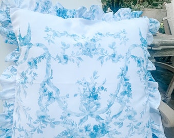 The 20” x 20”  Aqua Birds Ruffled Outdoor Pillow