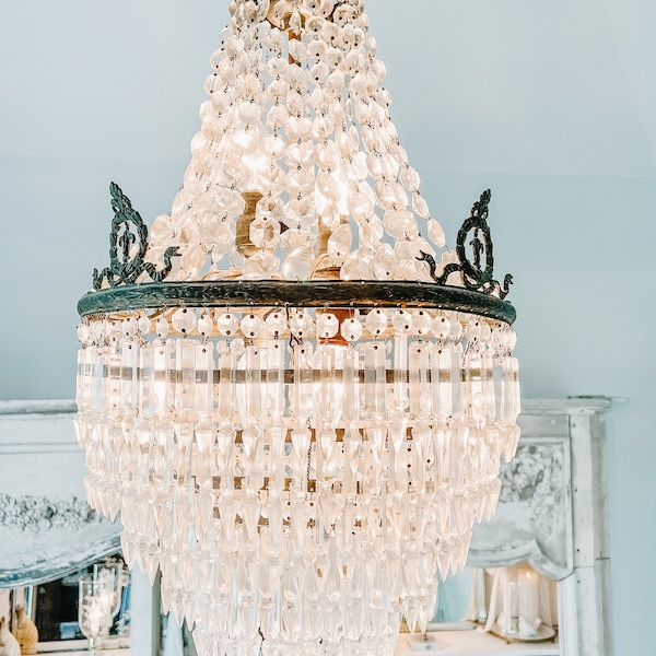 Vintage French Empire Bronze 5-Layer Crystal Chandelier
