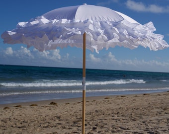 Pure White, Outdoor Ruffled Beach Umbrella & Pole