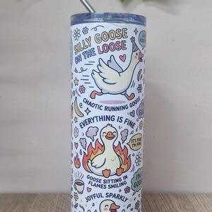 silly goose  20 oz tumbler, stainless steel, for hot and cold drinks, lid and straw