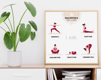 7 Chakra Yoga Pose Poster Set Digital Download Prints | Beginner Yoga Pose Chart  | Self-Care Art Wall Hanging | Spiritual Home Gift Decor